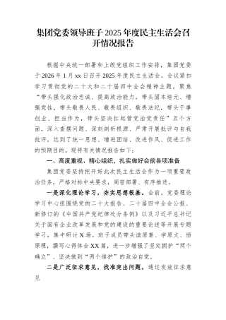 集团党委领导班子2025年度民主生活会召开情况报告