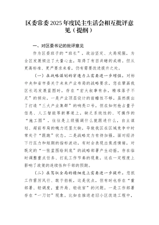 区委常委2025年度民主生活会相互批评意见（提纲）