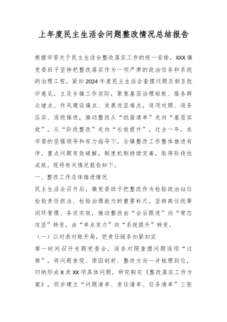 上年度民主生活会问题整改情况总结报告