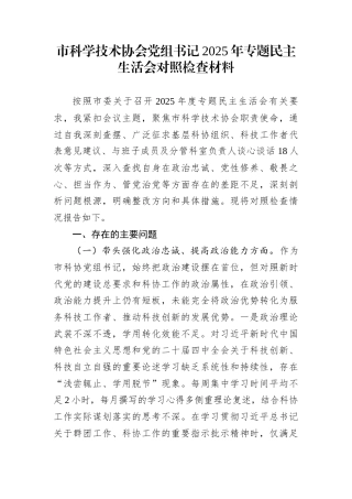 市科学技术协会党组书记2025年专题民主生活会对照检查材料