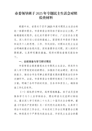 市委领导班子2025年专题民主生活会对照检查材料