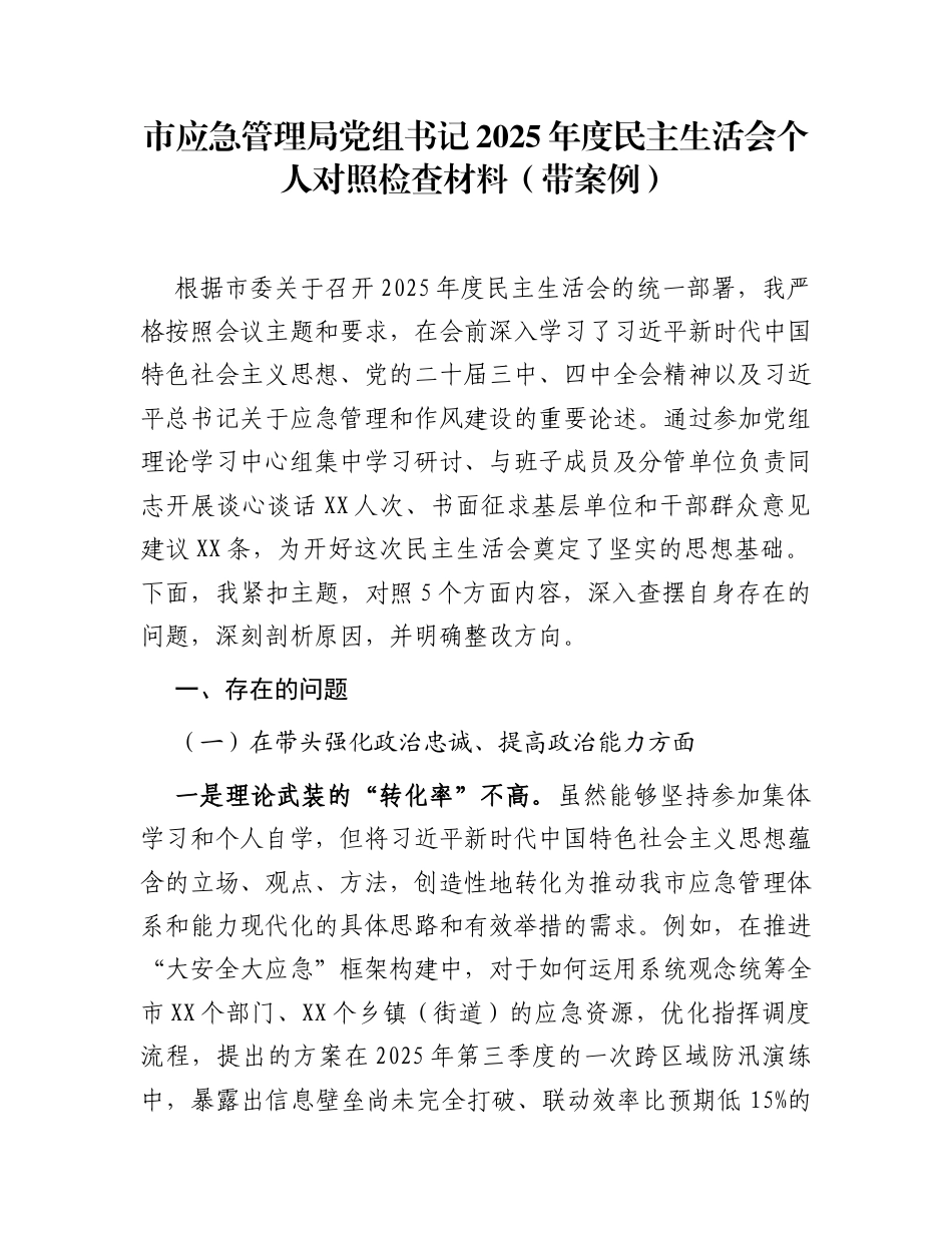 市应急管理局党组书记2025年度民主生活会个人对照检查材料(带案例)_第1页