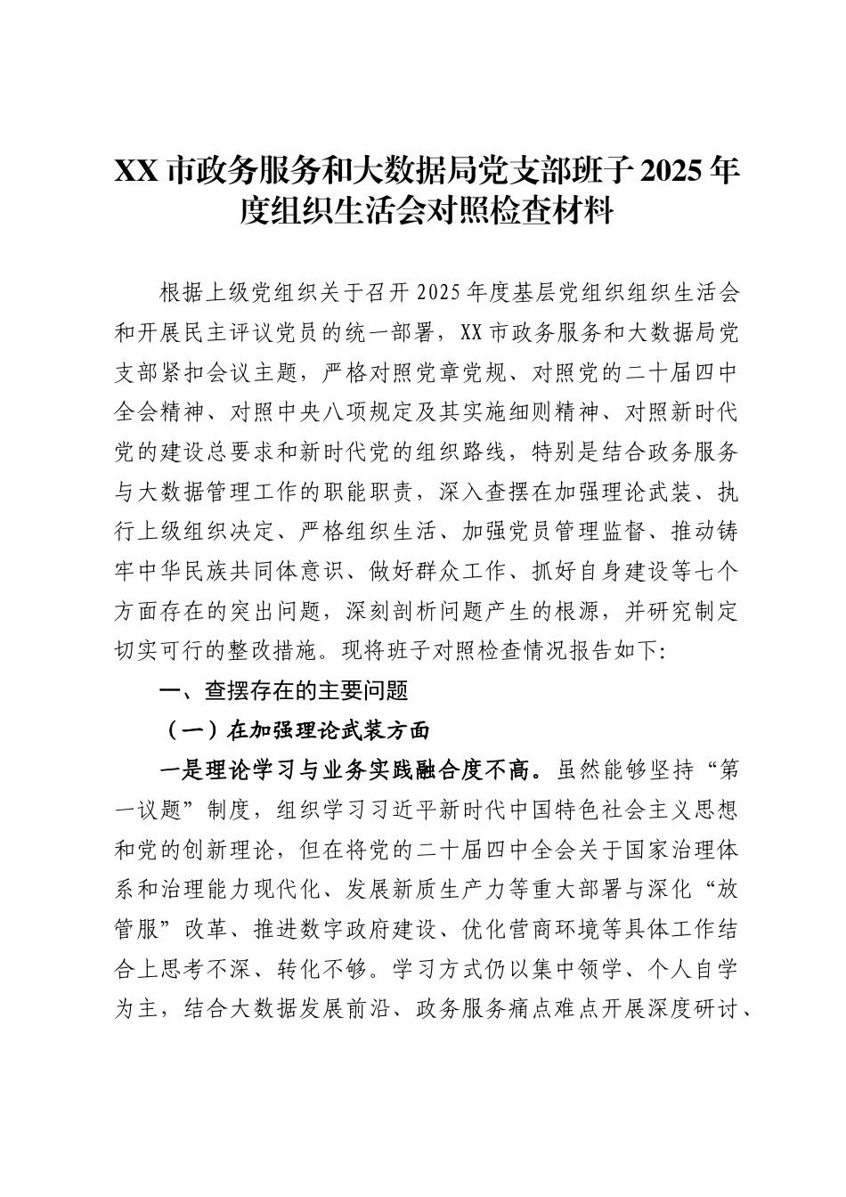 市政务服务和大数据局党支部班子2025年度组织生活会对照检查材料._第1页