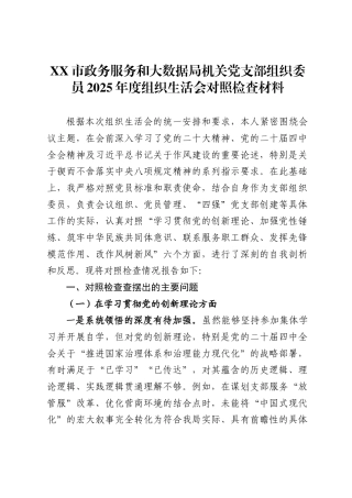 市政务服务和大数据局机关党支部组织委员2025年度组织生活会对照检查材料