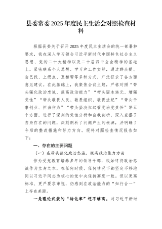 县委常委2025年度民主生活会对照检查材料