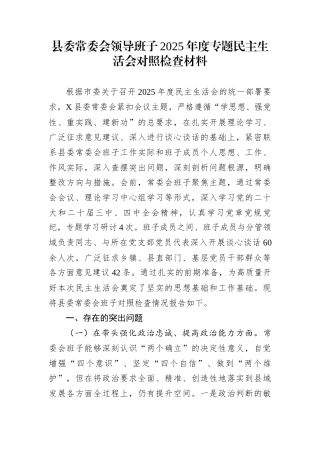 县委常委会领导班子2025年度专题民主生活会对照检查材料