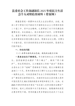 县委社会工作部副部长2025年度民主生活会个人对照检查材料（带案例）