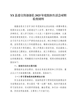 县委宣传部部长2025年度组织生活会对照检查材料 .