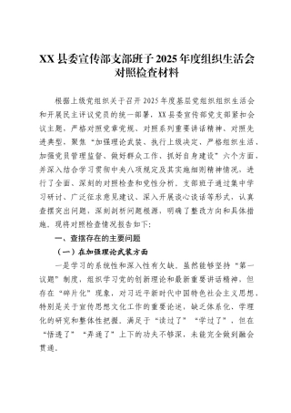 县委宣传部支部班子2025年度组织生活会对照检查材料