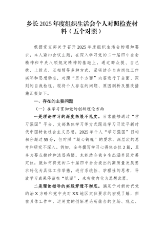 乡长2025年度组织生活会个人对照检查材料（五个对照）
