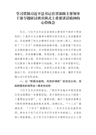 学习贯彻习近平总书记在省部级主要领导干部专题研讨班开班式上重要讲话精神的心得体会