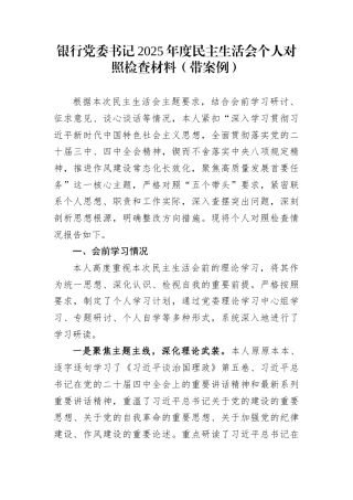 银行党委书记2025年度民主生活会个人对照检查材料（带案例）