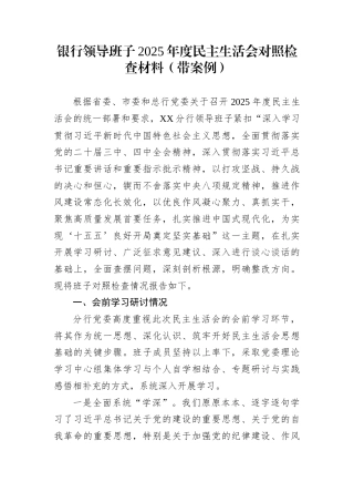 银行领导班子2025年度民主生活会对照检查材料（带案例）