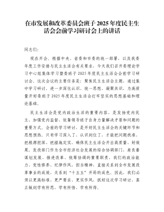 在市发展和改革委员会班子2025年度民主生活会会前学习研讨会上的讲话