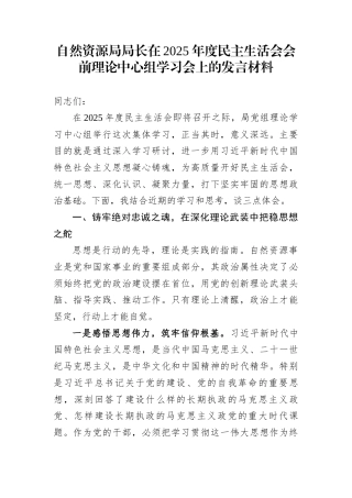 自然资源局局长在2025年度民主生活会会前理论中心组学习会上的发言材料