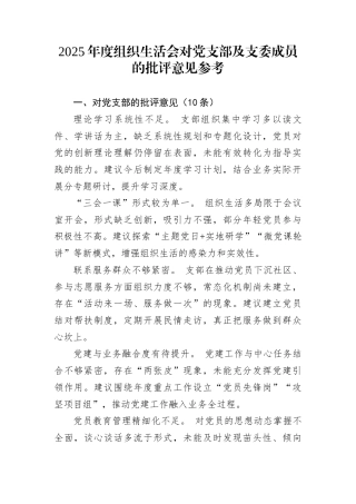 2025年度组织生活会对党支部及支委成员的批评意见参考