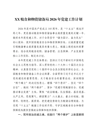 XX粮食和物资储备局2026年党建工作计划（完整版）