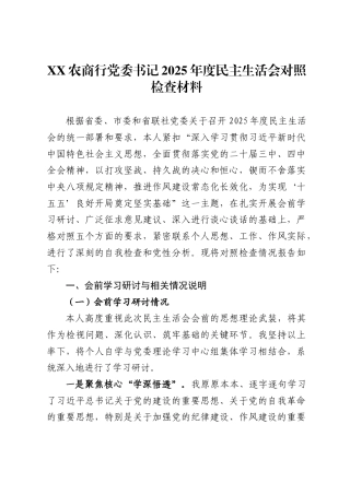 农商行党委书记2025年度民主生活会对照检查材料