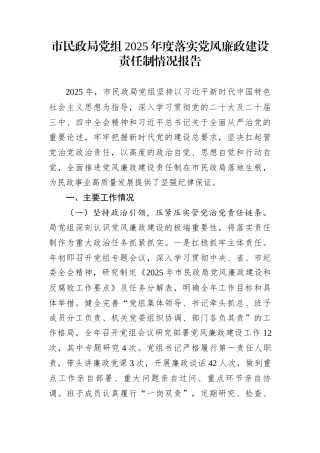 市民政局党组2025年度落实党风廉政建设责任制情况报告