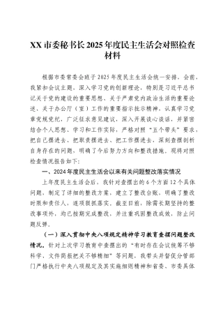 市委秘书长2025年度民主生活会对照检查材料
