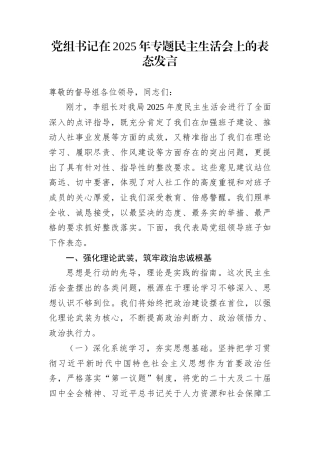 党组书记在2025年专题民主生活会上的表态发言