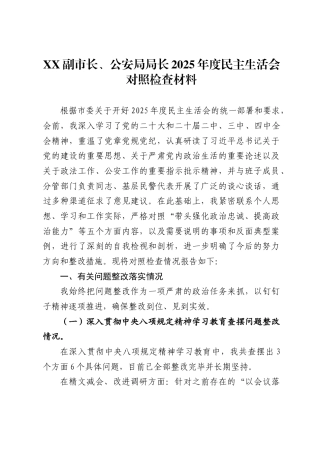 副市长、公安局局长2025年度民主生活会对照检查材料.