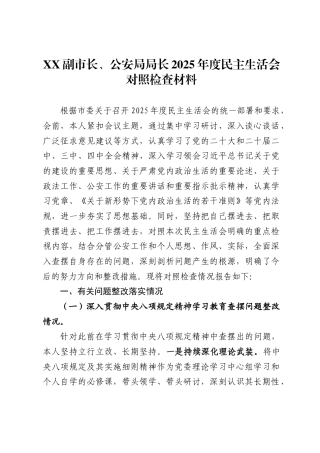 副市长、公安局局长2025年度民主生活会对照检查材料