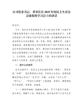 公司党委书记、董事长在2025年度民主生活会会前集体学习会上的讲话