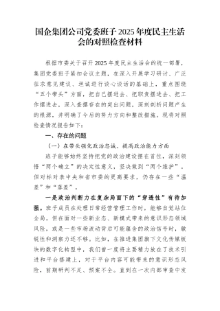 国企集团公司党委班子2025年度民主生活会的对照检查材料