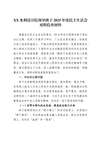 水利设计院领导班子2025年度民主生活会对照检查材料