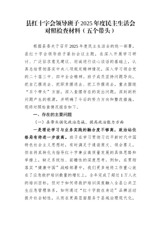 县红十字会领导班子2025年度民主生活会对照检查材料（五个带头）