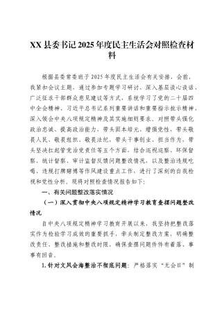 县委书记2025年度民主生活会对照检查材料-