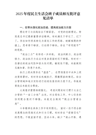 2025年度民主生活会班子成员相互批评意见清单