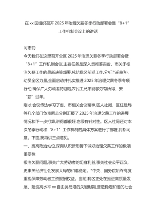 在XX区组织召开2025年治理欠薪冬季行动部署会暨“8+1”工作机制会议上的讲话