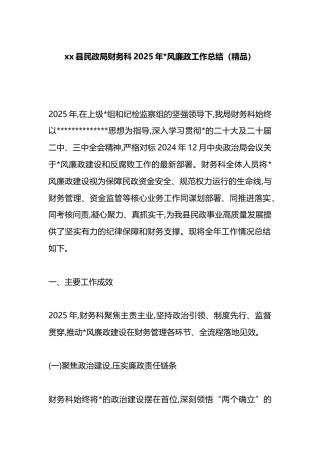 县民政局财务科2025年X风廉政工作总结