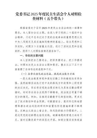 党委书记2025年度民主生活会个人对照检查材料（五个带头）