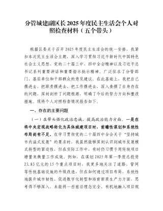分管城建副区长2025年度民主生活会个人对照检查材料（五个带头）