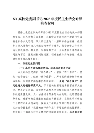 高校党委副书记2025年度民主生活会对照检查材料.