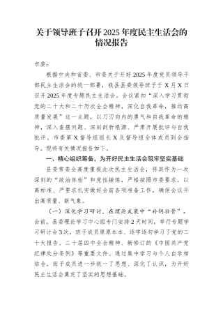 关于领导班子召开2025年度民主生活会的情况报告
