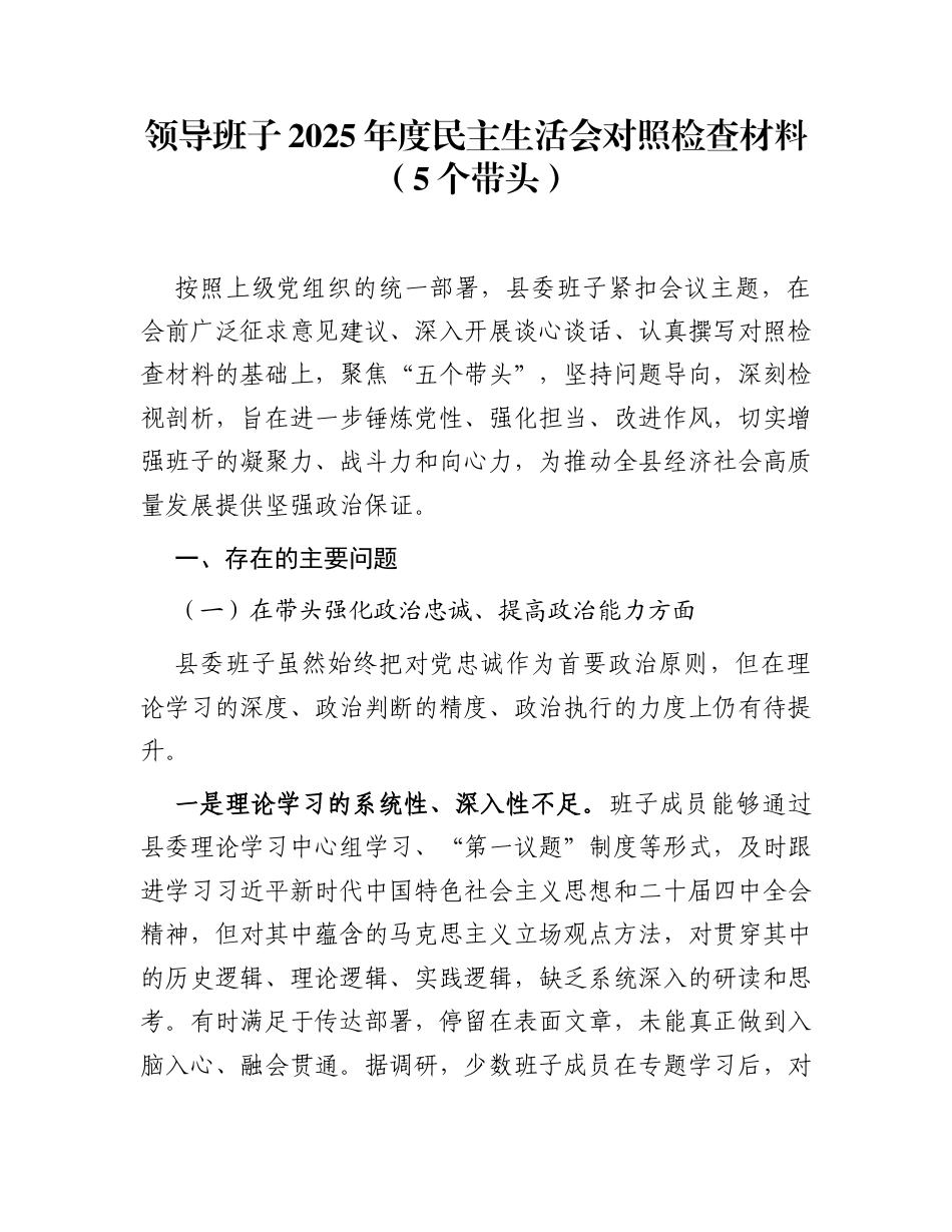 领导班子2025年度民主生活会对照检查材料（5个带头）_第1页