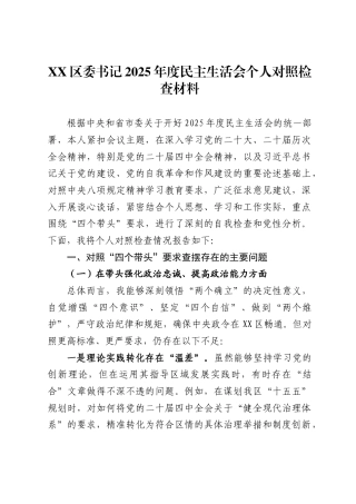 区委书记2025年度民主生活会个人对照检查材料