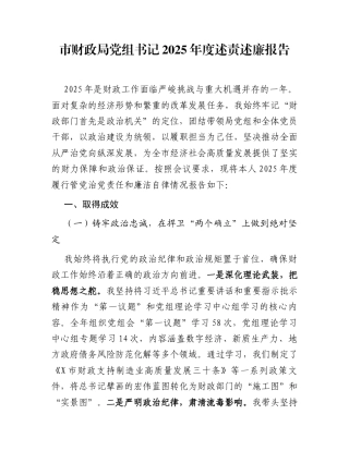 市财政局党组书记2025年度述责述廉报告