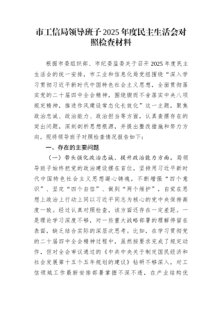 市工信局领导班子2025年度民主生活会对照检查材料