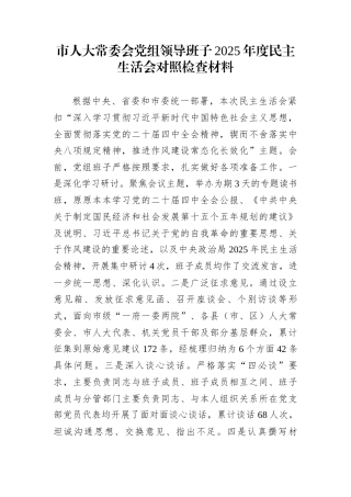 市人大常委会党组领导班子2025年度民主生活会对照检查材料