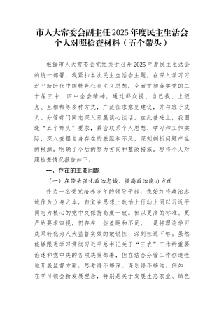 市人大常委会副主任2025年度民主生活会个人对照检查材料（五个带头）