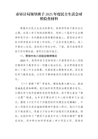 市审计局领导班子2025年度民主生活会对照检查材料