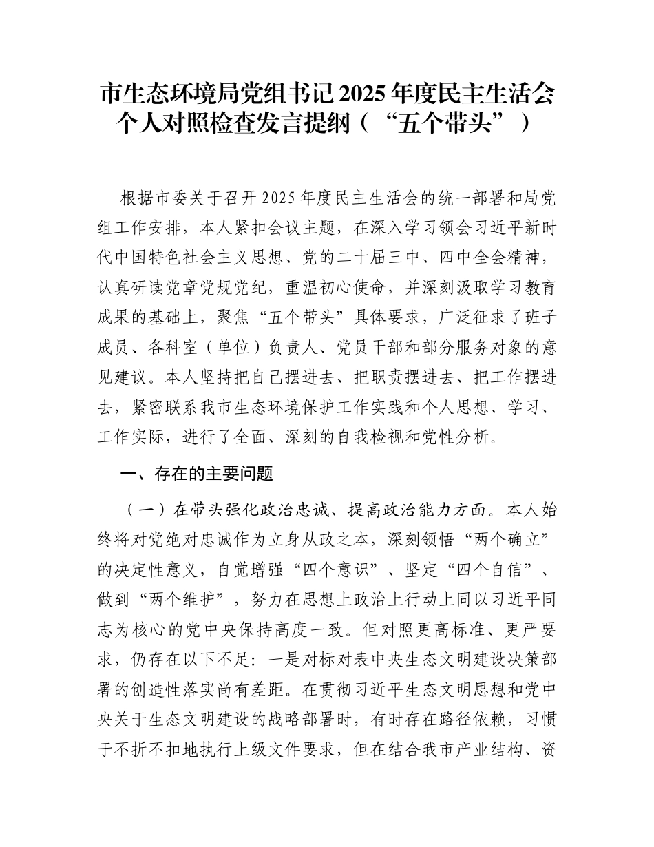 市生态环境局党组书记2025年度民主生活会个人对照检查发言提纲（“五个带头”）_第1页