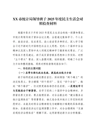 市统计局领导班子2025年度民主生活会对照检查材料.