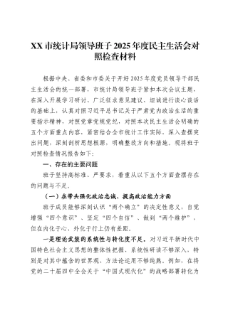 市统计局领导班子2025年度民主生活会对照检查材料