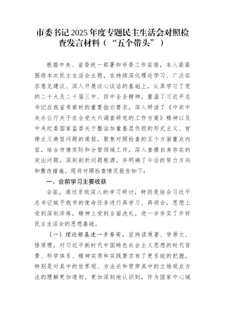 市委书记2025年度专题民主生活会对照检查发言材料（“五个带头”）
